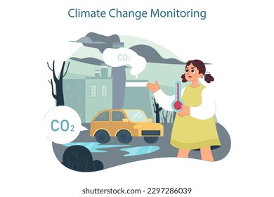 Climate change monitoring. Planet temperature rising due to CO2 emissions. Climate and nature preservation problem. Children learning about environmental protection. Flat vector illustration