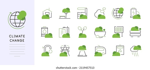 Climate change. Nature and civilisation. Set of icons with ecological concepts. Vector file