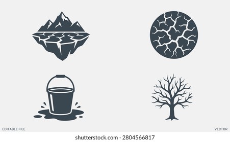 Climate change nature drought concept elements with dry land dead tree and water bucket