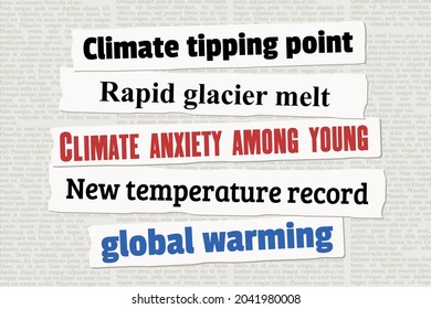 Climate change news headlines. Newspaper clippings about global warming, temperature records and climate change. - Shutterstock ID 2041980008