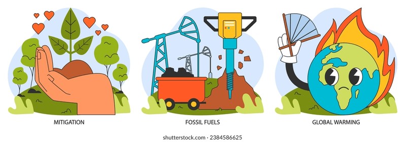 Climate change night or dark mode set. Planet temperature rising and sea level rising due to CO2 emissions. Nature preservation measures. Sustainability goal. Flat vector illustration