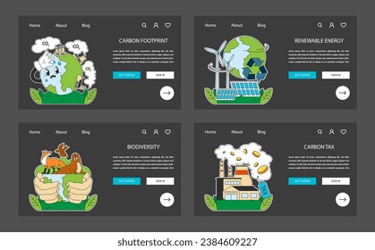 Klimaschutz-Nacht- oder Dunkelmode-Web-Banner oder Landing-Page Set. Die Temperatur des Planeten steigt und der Meeresspiegel steigt aufgrund der CO2-Emissionen. Naturschutz, Nachhaltigkeit. Flache Vektorgrafik