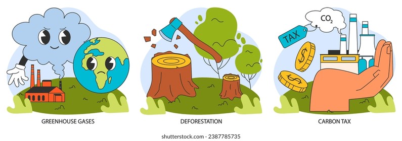 Climate change night or dark mode set. Planet temperature rising and sea level rising due to CO2 emissions. Nature preservation measures. Sustainability goal. Flat vector illustration