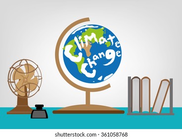 Climate Change on a Globe in a Table Library. Editable Clip Art.