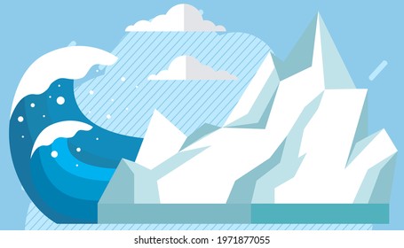 Climate change on planet is leading to melting of glaciers. Large antarctic frozen iceberg floating in water. Rising water levels on Earth lead to tsunami. Huge wave heading towards glacier