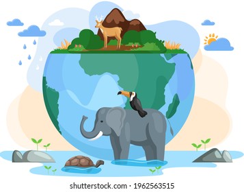 Climate change of planet. Biodiversity, conservation and environmental protection concept. Birds and mammals on Earth. Green ecosystems of Earth. Elephant, deer, turtle and toucan on planet