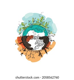 Climate change planet Earth, global warming.Colorful vector illustration of planet with dried dead trees and polluted atmosphere.Isolated on white background in sketchy linear style