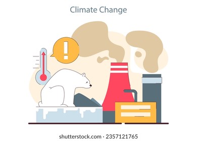 Climate change. Planet temperature rising due to CO2 emissions. Nature preservation problem. Polar bear sitting on a melting iceberg. Glacier melt. Flat vector illustration