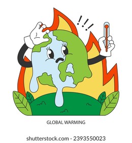 Climate change. Planet temperature rising and sea level rising due to CO2 emissions. Nature preservation measures. Sustainability goal. Flat vector illustration