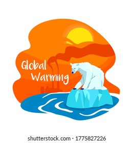 Climate change from pollution 2D vector web banner, poster. Global warming phrase. Factory emission flat scenery on cartoon background. Polar bear extinction printable patch, colorful web element