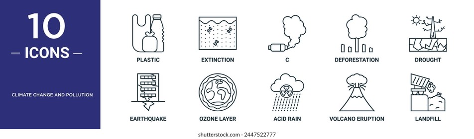 el conjunto de iconos de contorno de cambio climático y contaminación incluye plástico de línea fina, extinción, c, deforestación, sequía, terremoto, iconos de la capa de ozono para informe, presentación, diagrama, Diseño web