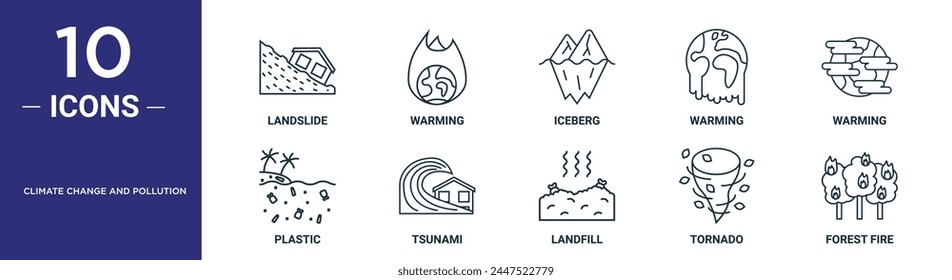 climate change and pollution outline icon set includes thin line landslide, warming, iceberg, warming, warming, plastic, tsunami icons for report, presentation, diagram, web design