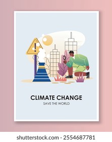 Climate change poster. Man with magnifying glass looks at smoke from factory. Dirty production. Caring for nature, ecology and environment. Flat vector illustration isolated on pink background