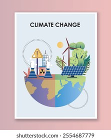 Climate change poster. Planet with dirty production and clean energy, electricity. Caring for nature, ecology and environment. Cover or banner. Flat vector illustration isolated on pink background