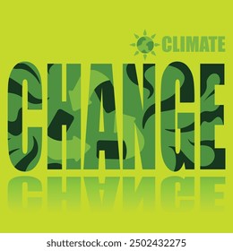 Climate change poster. Vector poster on a social theme. Word climate change on green background with reflection.