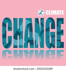 Climate change poster. Vector poster on a social theme. Word climate change on pink background with reflection.