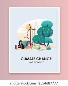 Climate change poster. Woman with magnifying glass evaluates windmills. Caring for nature, ecology and environment. Eco friendly activist. Flat vector illustration isolated on pink background