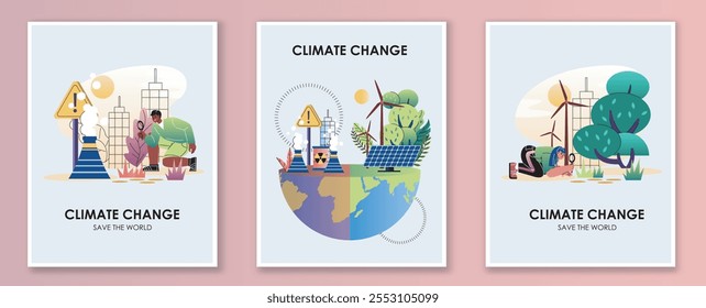 Cartazes sobre as alterações climáticas. Libertação de resíduos nocivos para a atmosfera. Cuidar da natureza, ecologia e meio ambiente. Salve o planeta. Coleção de vetor plana isolada sobre plano de fundo rosa