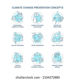 Climate change prevention turquoise concept icons set. Avoid global warming idea thin line color illustrations. Isolated outline drawings. Editable stroke. Roboto-Medium, Myriad Pro-Bold fonts used
