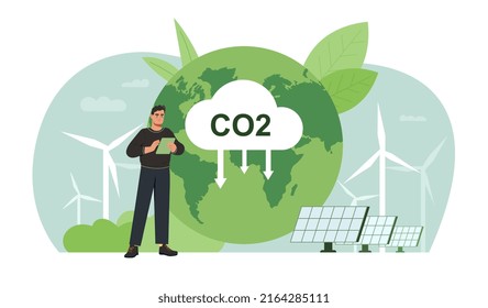 Climate change problem concept. Global warming and CO2 emissions. Young man cares about ecology and environment. Use of alternative natural energy sources. Cartoon modern flat vector illustration