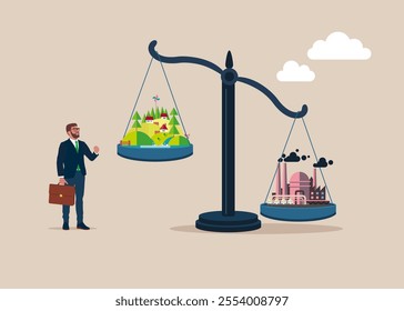 Climate Change Problem. Environment Polluted by CO2 Emission. Net zero emissions and carbon dioxide CO2 neutral balance people. Flat vector illustration