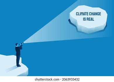 Climate change is real. Isometric man on melting mountain ice and sea level rising vector illustration concept