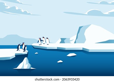 Climate change is real. Penguin on  melting mountain ice and sea level rising vector illustration concept