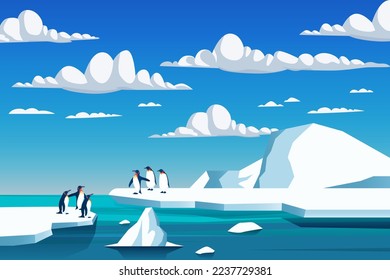 Climate change is real. Penguin on  melting mountain ice and sea level rising at daylight vector illustration