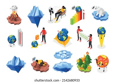 Climate change recolor set of forest fires volcanic eruption melting glaciers protesting people isometric icons isolated vector illustration