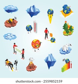 Climate change recolor set of forest fires volcanic eruption melting glaciers protesting people isometric icons isolated vector illustration