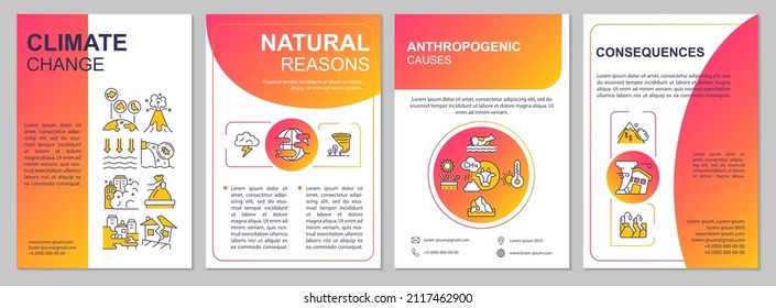 Climate change red gradient brochure template. Booklet print design with linear icons. Vector layouts for presentation, annual reports, ads. Arial-Black, Myriad Pro-Regular fonts used