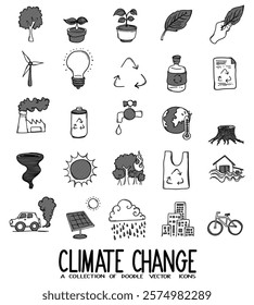 Climate Change Related Doodle vector icon set. Drawing sketch illustration hand drawn line.