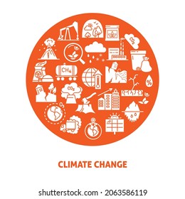 Climate change round banner in flat style with text. Ecology problems poster. Vector illustration.