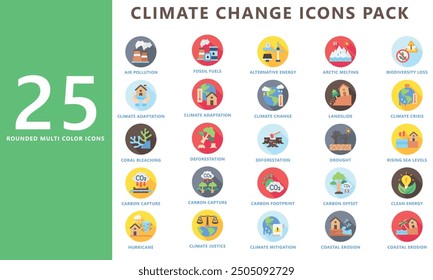 Climate change rounded icon set, contain pollutions, alternative energy, storm, deforestation, carbon and more. vector EPS 10. use for UI, UX, app and web development. for ecology and environmental.