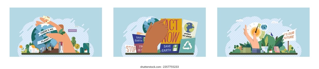 Climate change. Save the planet. Vector illustration Environmental protection is everyones responsibility in face global warming Climate change necessitates immediate actions to ensure livable planet