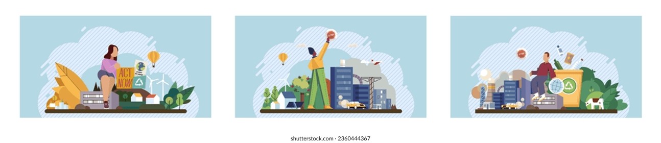 Climate change. Save the planet. Vector illustration Earth pollution harms biodiversity and ecological balance Choose renewable resources to reduce your carbon footprint and fight climate change