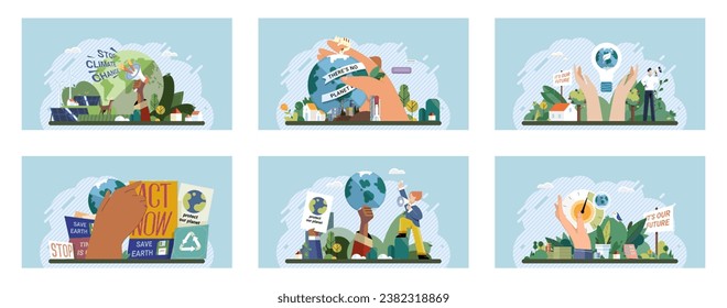 Climate change. Save the planet. Vector illustration Earth pollution necessitates shift towards responsible consumption and waste management Choose renewable resources to contribute to cleaner planet