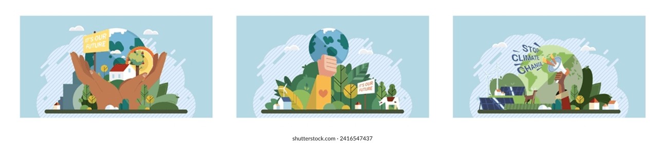 Climate change. Save the planet. Vector illustration Addressing climate change requires comprehensive and coordinated response Earth pollutions effects highlight need for sustainable practices