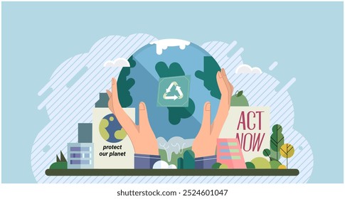 Cambio climático. Guardar del planeta. Ilustración vectorial Adoptar la sostenibilidad es crucial para abordar los desafíos del calentamiento global Necesitamos tomar medidas significativas para cambiar los patrones climáticos