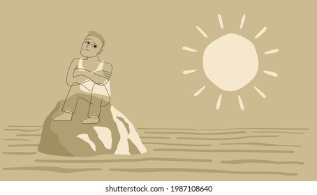 Climate Change sceptic sitting on top of melting Iceberg. Vector illustration.