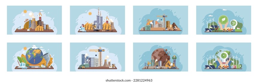 Climate change set. Toxic waste from human. Industries that create pollution and cities that affected by pollution. Climate change cycle as a dried or dry cracked land suffering from drought