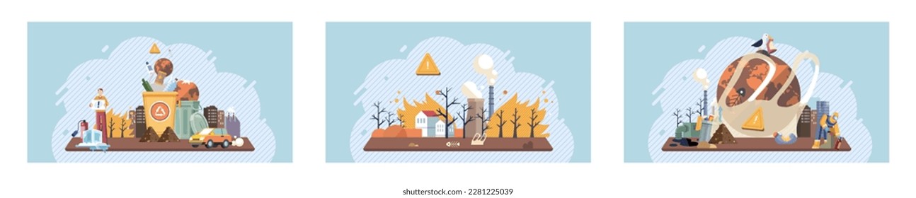 Climate change set. Toxic waste from human. Industries that create pollution and cities that affected by pollution. Climate change cycle as a dried or dry cracked land suffering from drought