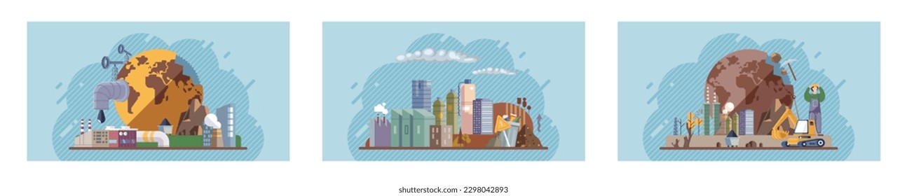 Climate change set. Toxic waste from human. Industries that create pollution and cities that affected by pollution. Climate change cycle as a dried or dry cracked land suffering from drought
