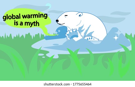 Climate change skepticism concept illustration with polar bear saying that global warming is a myth surrounded by melting ice and tall grass. Modern style  art with flat shadows and monochrome colors.