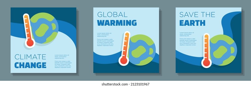 Climate change social media post, square banner set, global warming advertisement concept, save the earth marketing ad, modern creative flyer, isolated on background.