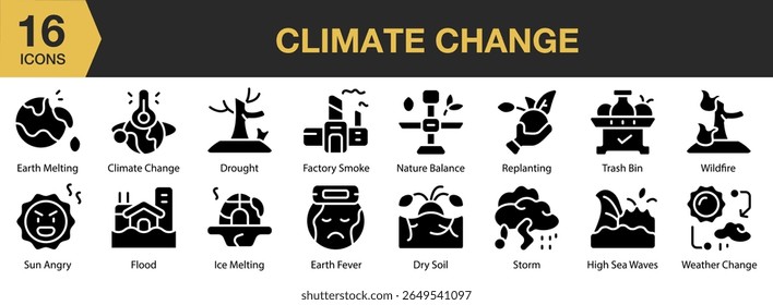 Climate Change solid icon set. Includes nature, environment, climate change, ecology, and More. Solid icons vector collection.