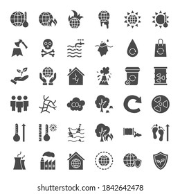 Climate Change Solid Web Icons. Vector Set of Planet Glyphs.