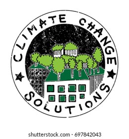 Climate change solution illustration, hand drawn sticker isolated on white representing trees on buildings