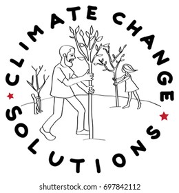 Climate change solution illustration, hand drawn sticker isolated on white, people planting trees