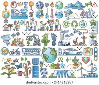 Climate change solutions and global warming destruction outline collection set. Elements with alternative energy and green practices vector illustration. Sustainable and environmental disaster items.